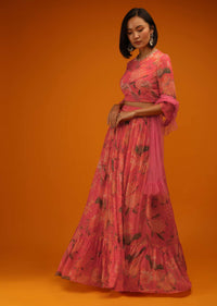 Deep Sea Coral Lehenga Choli In Georgette With Floral Print And Sequin Accents