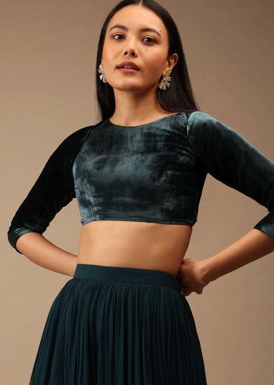 deep teal blue blouse in velvet with three quarter sleeves a-m001bltr04y-sg93826 1