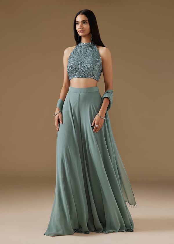 Dusky Blue Embroidered Crop Top With Georgette Skirt And Dupattta