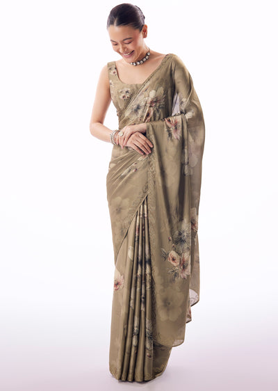 Dusky Brown Satin Floral Printed Saree With Stone Embellished Border