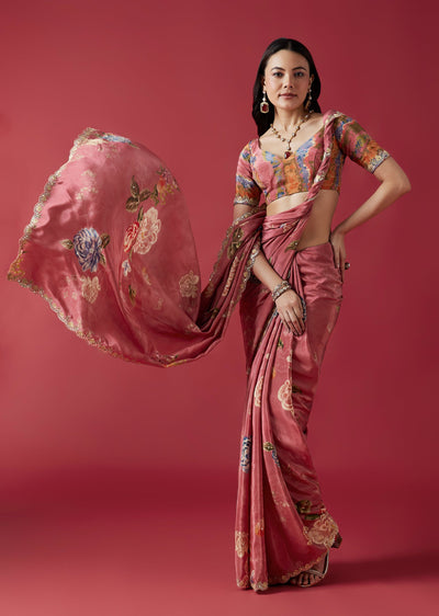 Dusky Rose Floral Printed Saree With Mirror And Gotta Border