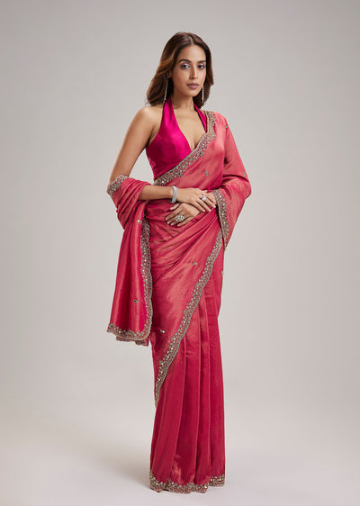 Dusty Pink Tissue Organza Saree With Mirror And Cut Dana Scallop Border