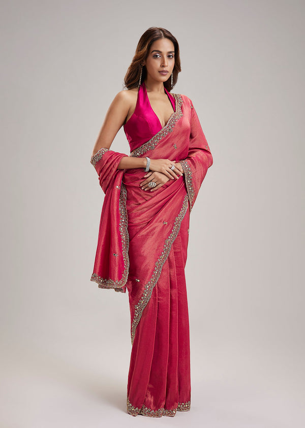 Dusty Pink Tissue Organza Saree With Mirror And Cut Dana Scallop Border