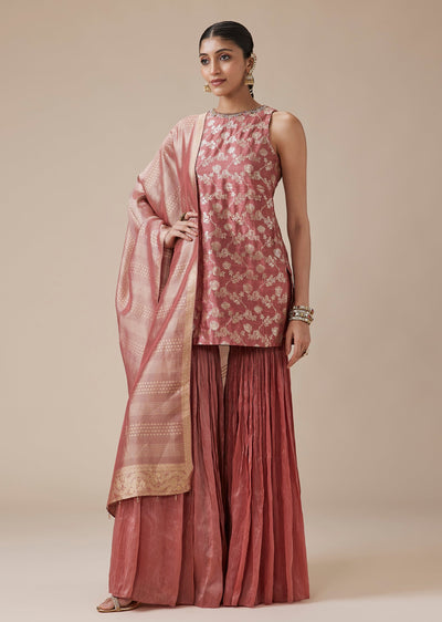 Dusty Red Brocade Embroidered Sharara Suit Set