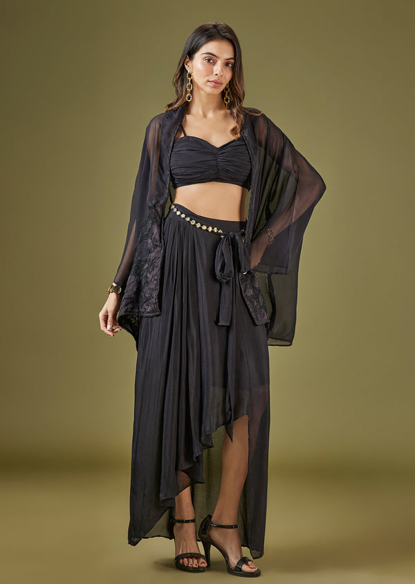 Black Chiffon Asymmetrical Skirt And Jacket Set