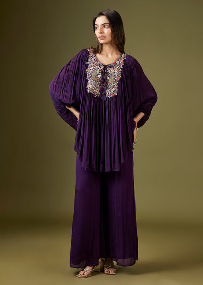 Purple Zardosi And Thread Work Cape Set With Palazzo