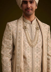 embrace timeless elegance with this beige silk sherwani ador-sg251279 5