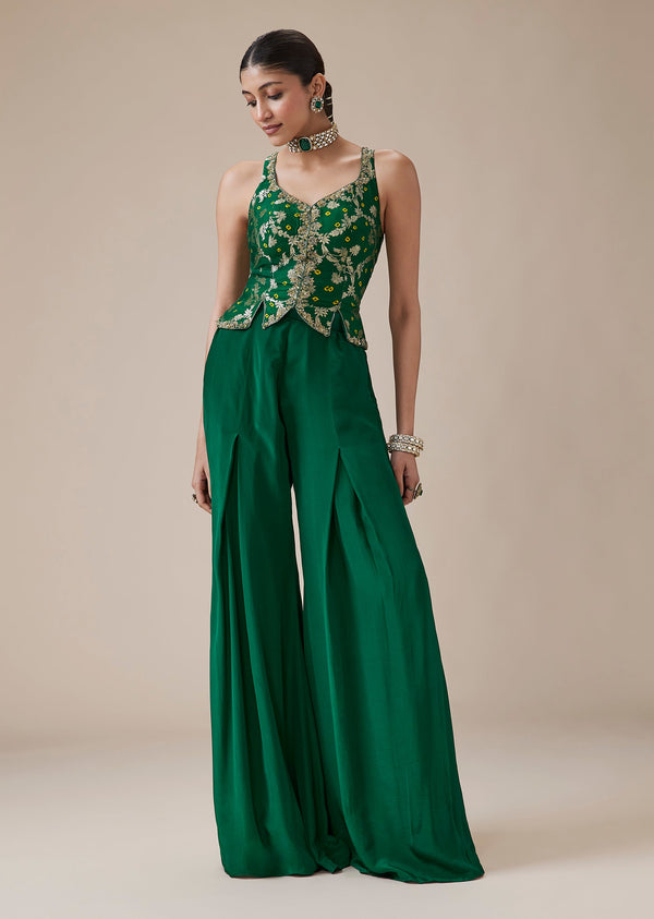 Emerald Green Pure Bandhani Banarasi Crop Jacket And Palazzo Set