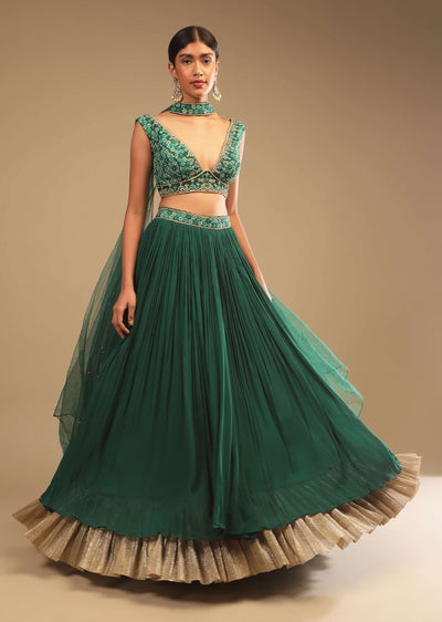 emerald-green-lehenga-in-georgette-with-a-plunging-neck-crop-top-featuring-floral-hand-work-and-choker-dupatta-online-kalki-fashion-m001at399y-sg73291 2