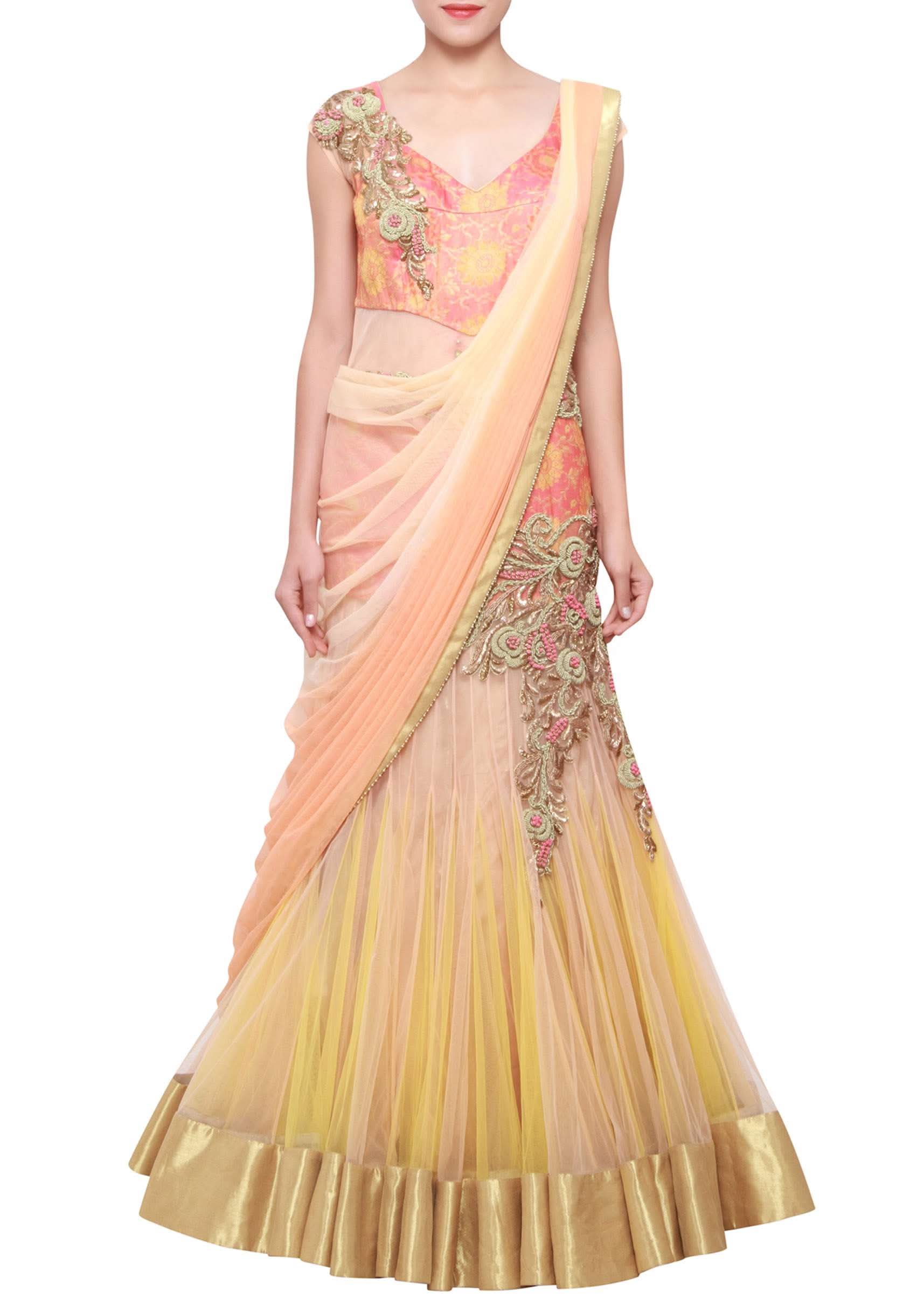 Peachy cream shaded lehenga sari embellished in zardosi only on Kalki - KALKI Fashion India