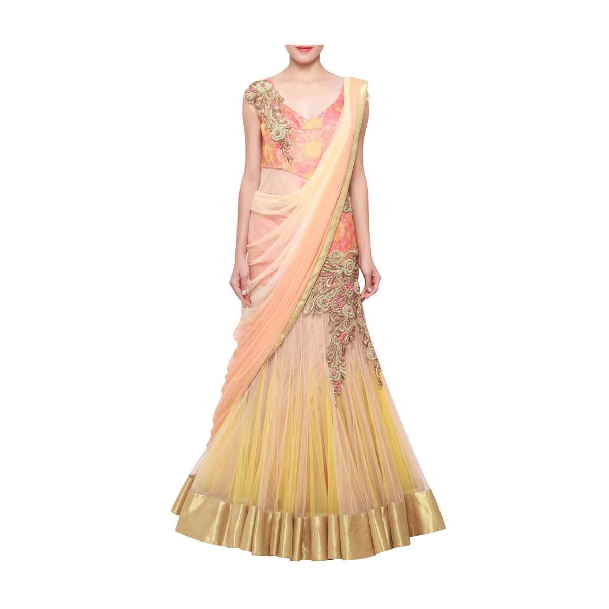 Peachy cream shaded lehenga sari embellished in zardosi only on Kalki - KALKI Fashion India