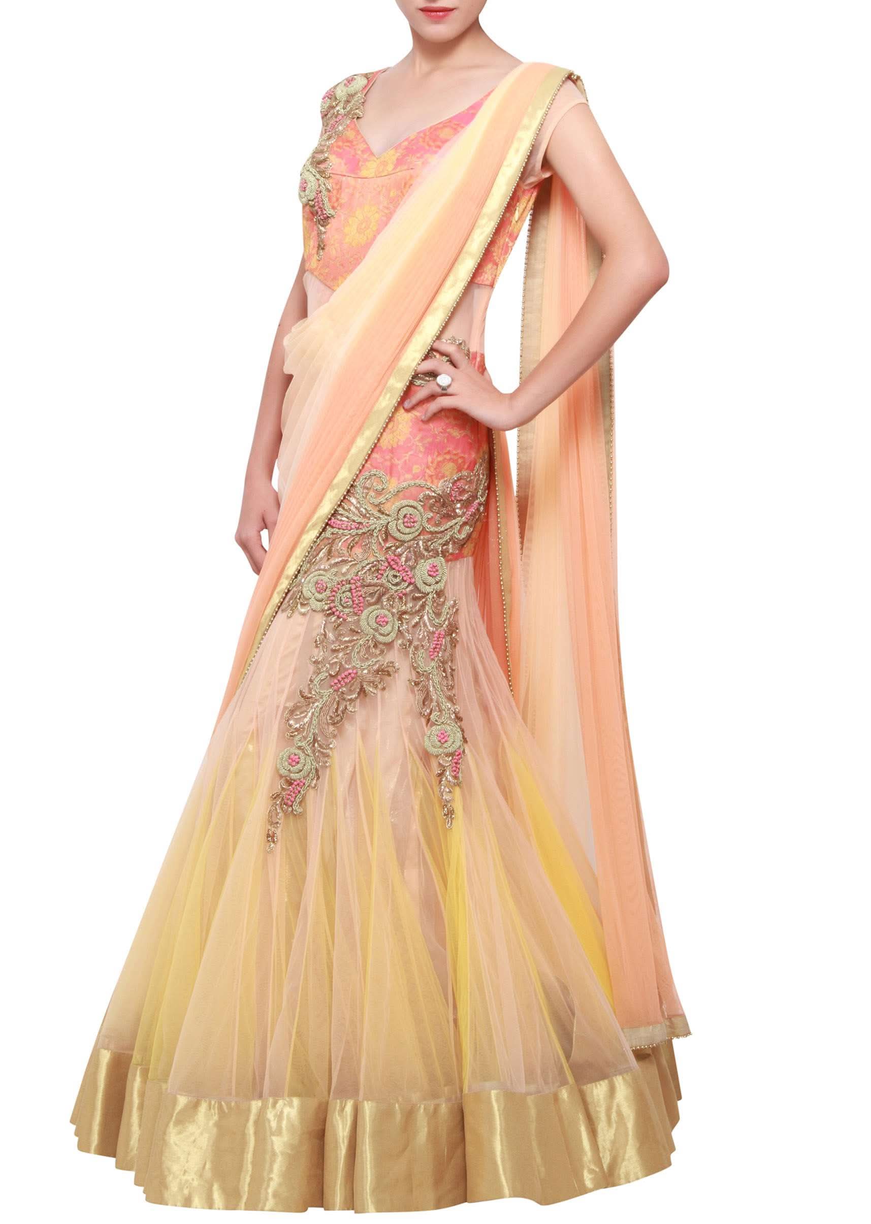 Peachy cream shaded lehenga sari embellished in zardosi only on Kalki - KALKI Fashion India