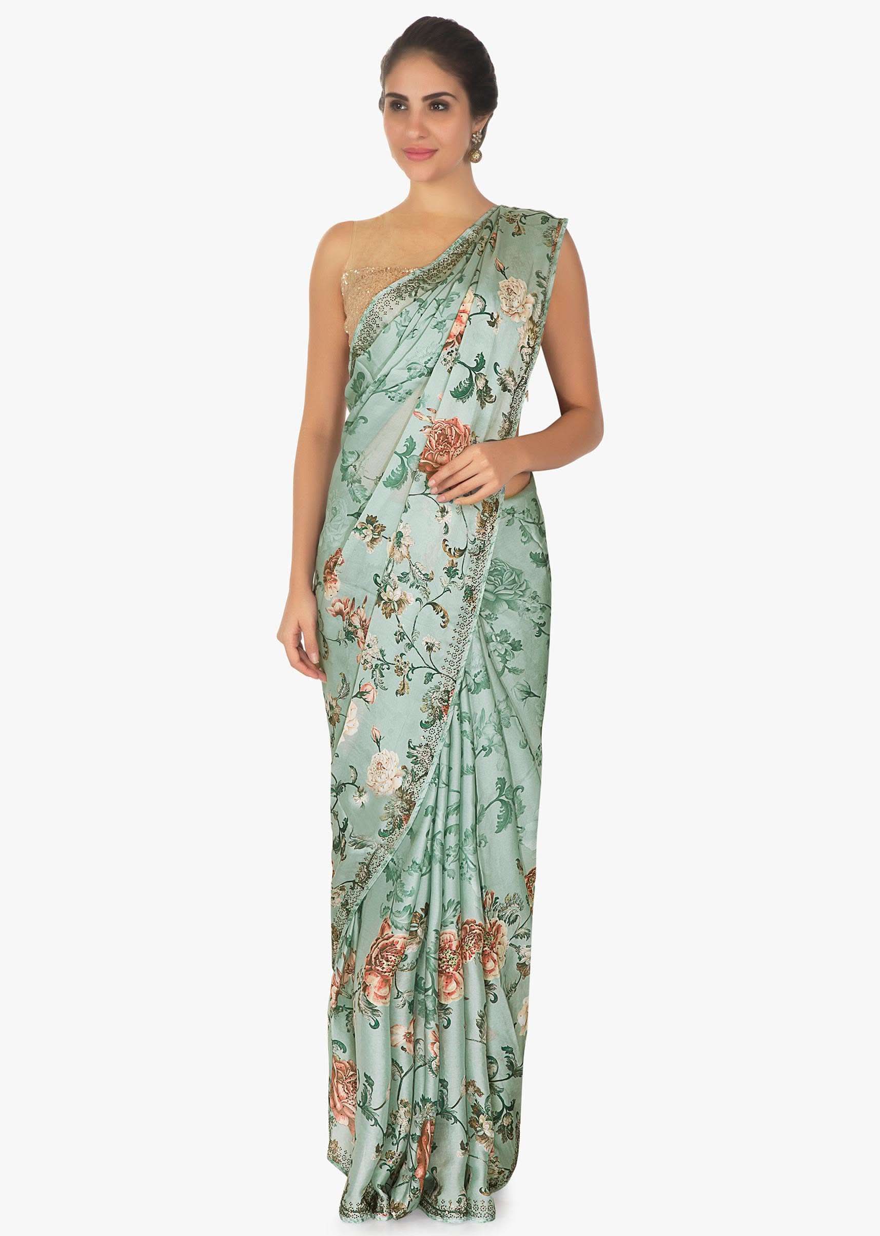 Frost blue floral print crepe satin saree