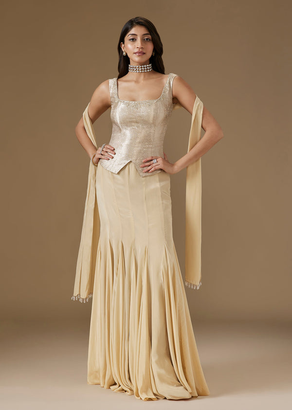 Gold Banarasi Silk Crop Top Skirt Set With Dupatta