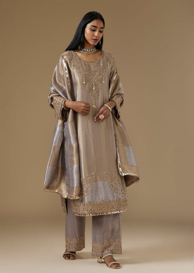 Gold Banarasi Tissue Kurta Set With Intricate Beadwork