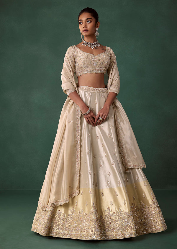 Gold Embroidered Tissue Shaded Bridal Lehenga Set with Cutdana