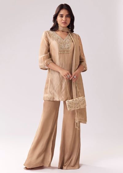 Gold Festive Palazzo Suit With Sequin Sparkle And Flared Sleeves