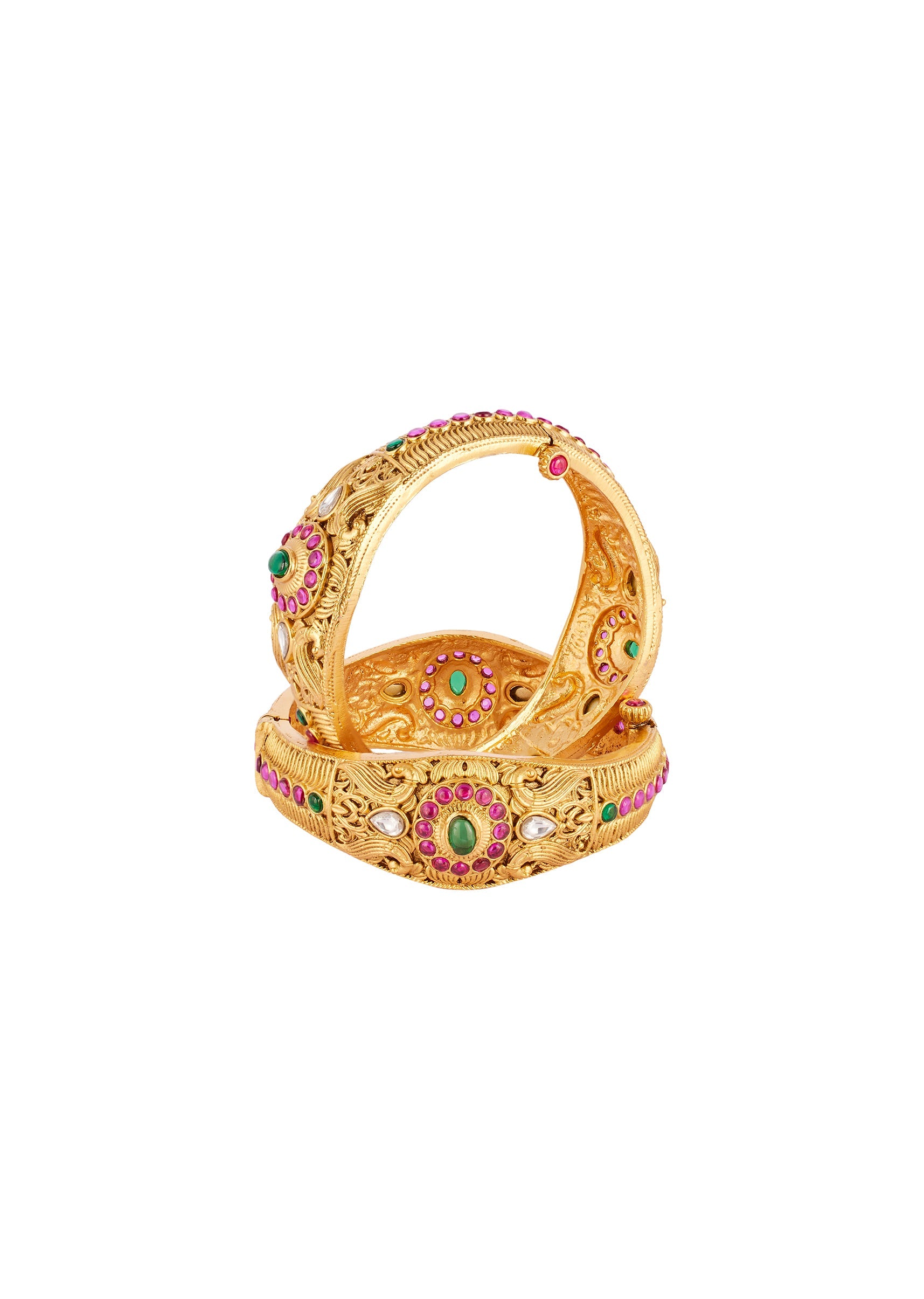 gold-finish-bangle-with-traditional-temple-motifs-and-green-and-pink-simulated-stones-with-zirconia-accents-sg379335-1 a3a7f0d8-2555-4709-93d9-035ed6666315