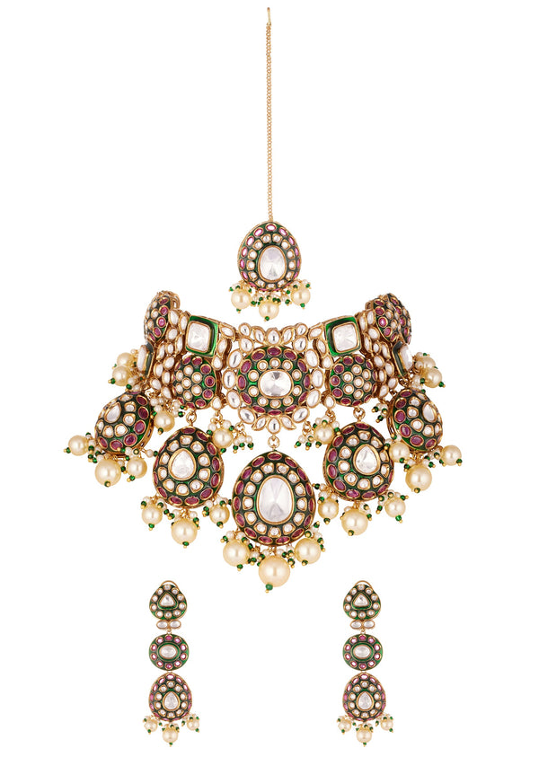 Gold Finish Bridal Choker Necklace Set With Circular And Square Motifs Kundan Stones Ruby Accents And Green Enamel Detailing