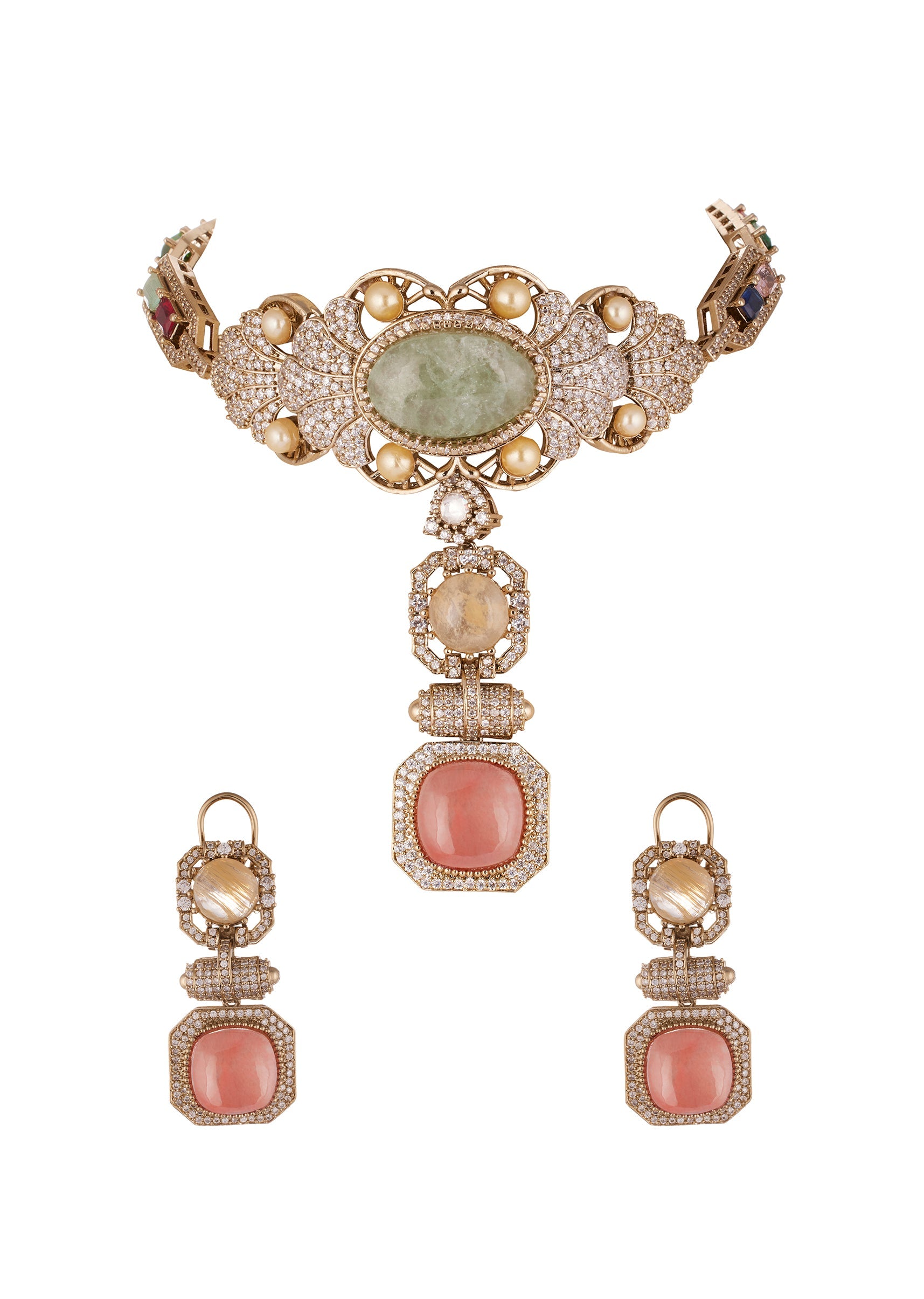 gold-finish-choker-necklace-set-with-large-mint-green-cabochon-pendant-and-pearl-pink-stone-drop-sg376705-1 eb7c6e02-c9a3-4de1-8955-9a33a54e5070