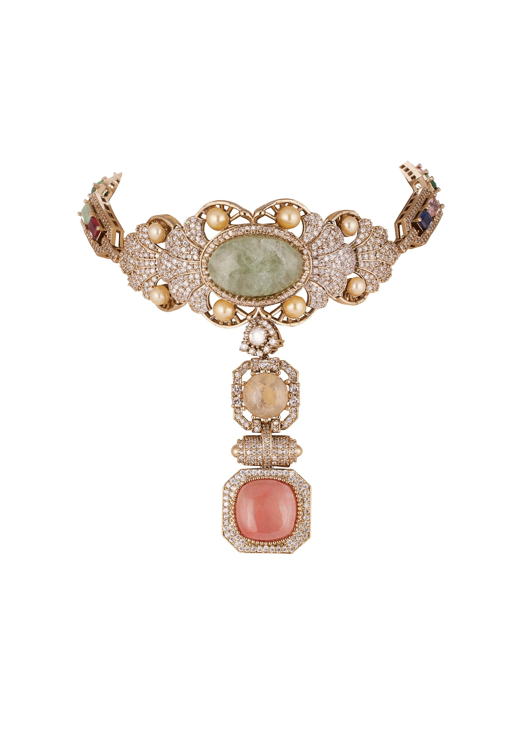 gold-finish-choker-necklace-set-with-large-mint-green-cabochon-pendant-and-pearl-pink-stone-drop-sg376705-2 f2c079e7-0025-4202-b702-551f984c35a2
