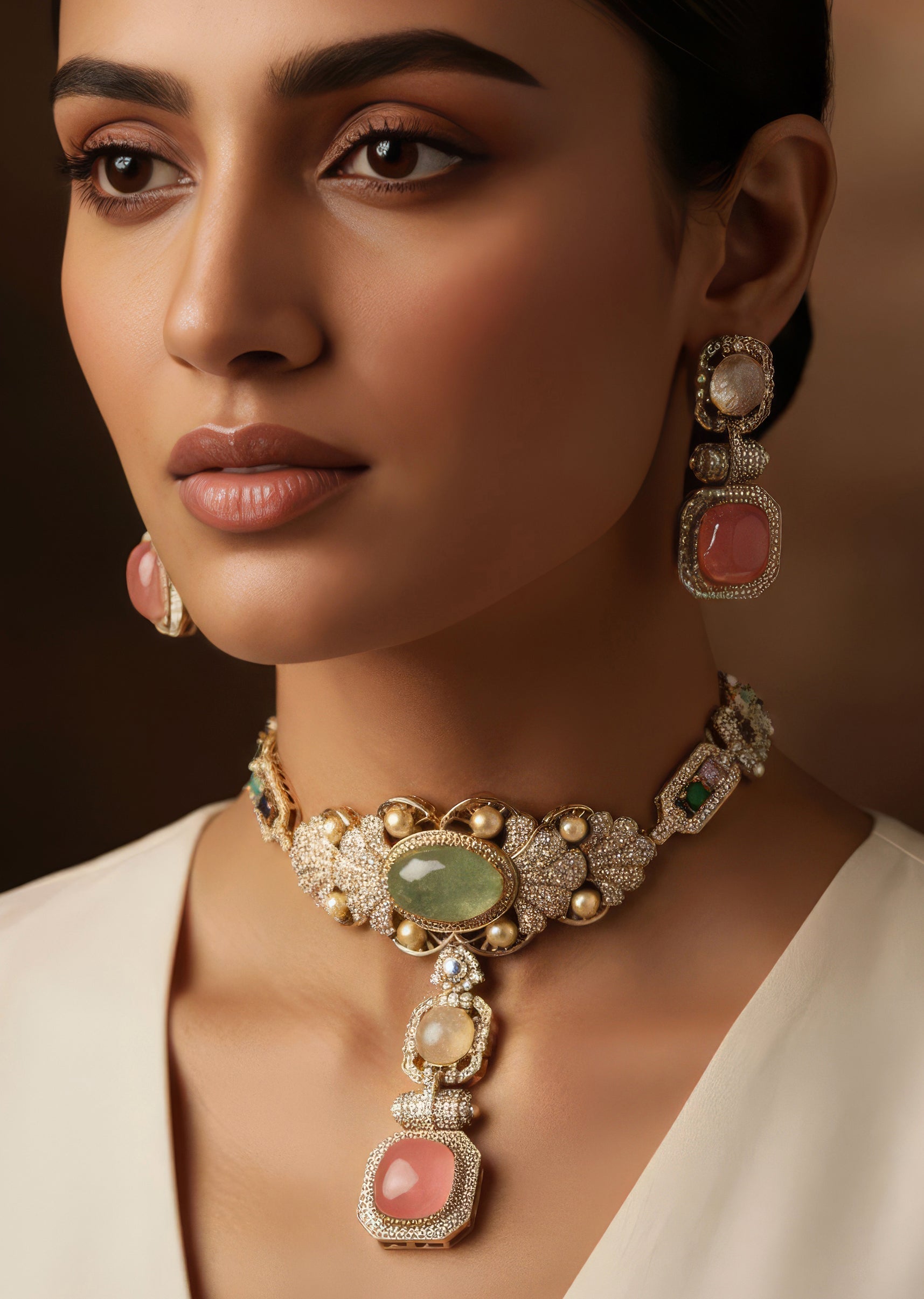 gold-finish-choker-necklace-set-with-large-mint-green-cabochon-pendant-and-pearl-pink-stone-drop-sg376705-9 aa13eb56-eff2-498b-bc8b-297380ba5824