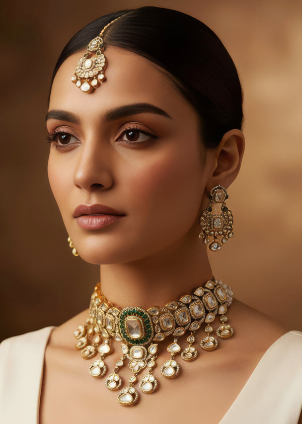 Gold Finish Jewellery Set In Polki With Semi Precious Stones And Drops
