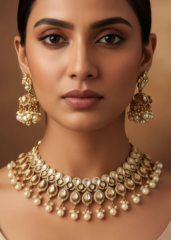 Gold Finish Jewellery Set In Polki With Semi Precious Stones