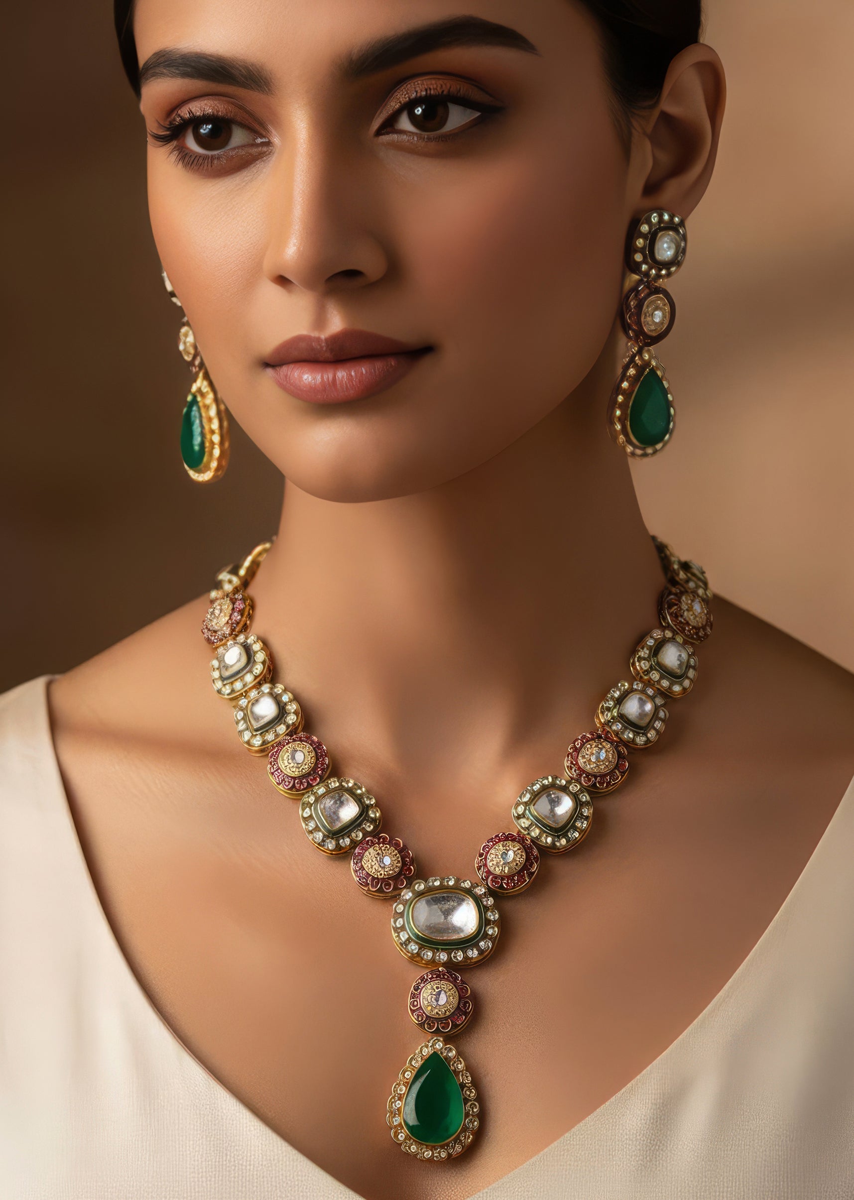 gold-finish-kundan-long-necklace-set-with-central-emerald-drop-pendant-and-ruby-pearl-accents-sg376731-9 3f788551-65e0-4448-896d-5ee2353a9516