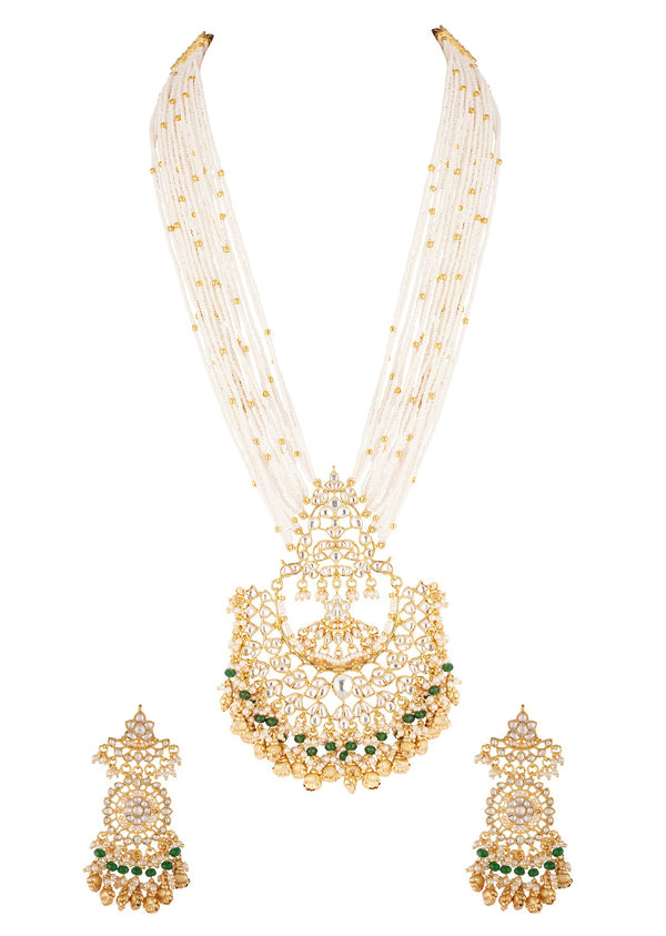 Gold Finish Multi Strand Necklace Set With Moti Beads Gold Accents And Crescent Kundan Pendant
