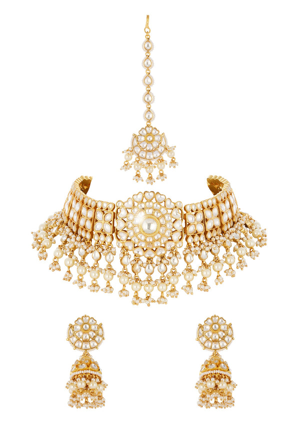 Gold Finish Necklace Set In Kundan Detail Work With Semi Precious Stones And Drops