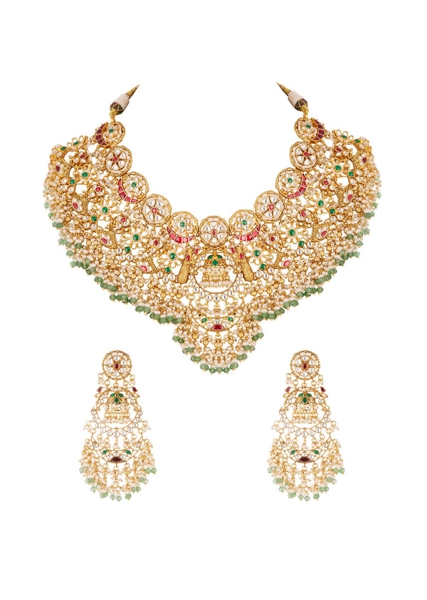 Gold Finish Tiered Choker Necklace Set With Circular Motifs Red Stones Kundan Work And Layered Beads