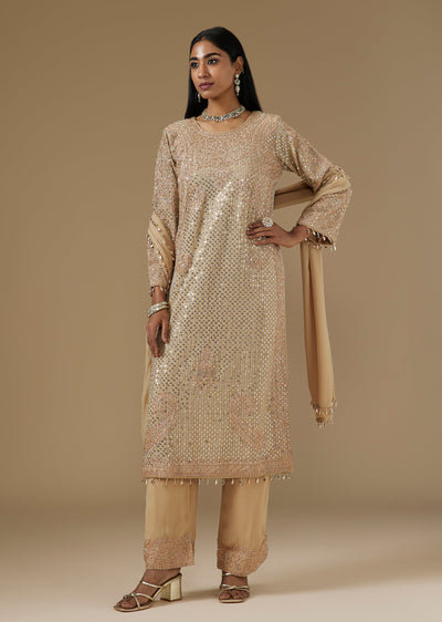 Gold Georgette Kurta Set With All Over Sequins And Beaded Work