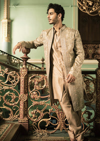 Ishan Khatter In Our Gold Handcrafted Wedding Sherwani With Stole