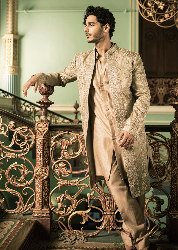 Ishan Khatter In Our Gold Handcrafted Wedding Sherwani With Stole