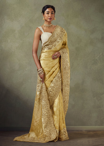 Gold Kanjivaram Tissue Saree With Zardosi Embroidered Pallu