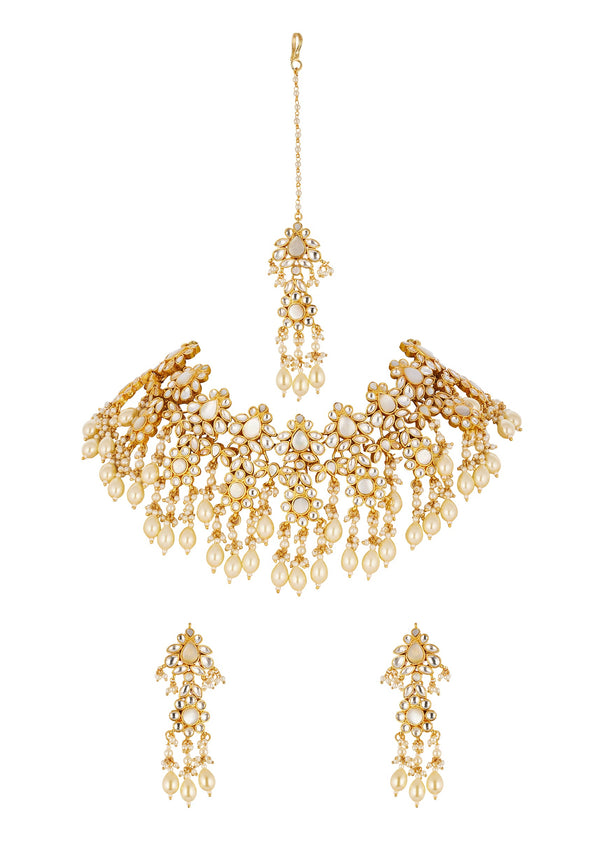 Gold Kundan Necklace Set with Faux Pearls