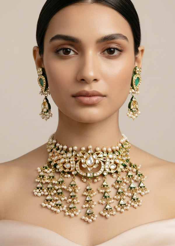 Gold Necklace Set With Stones And Pearl Tassels