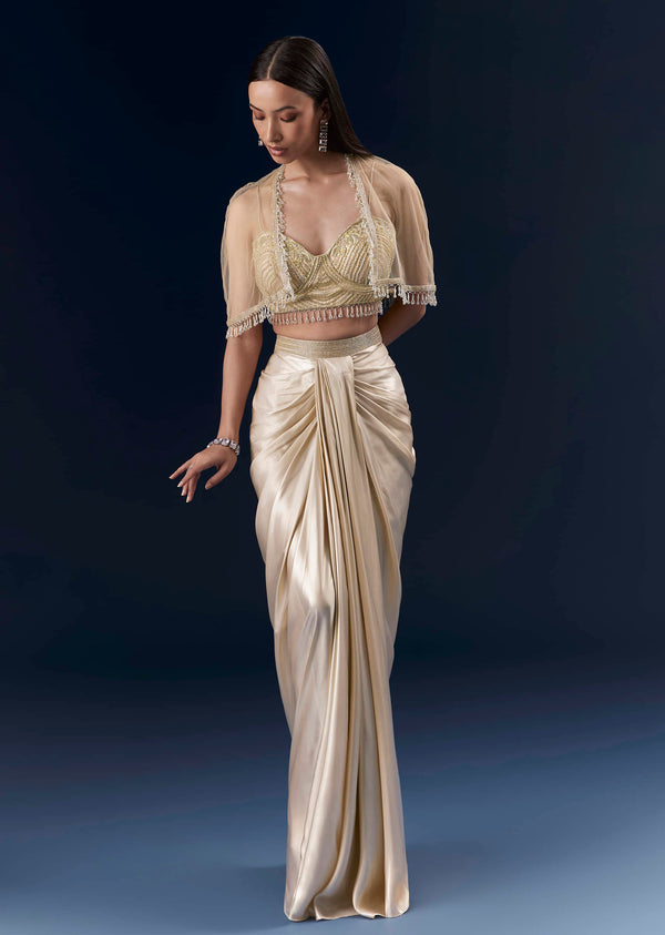 Buy Gold Net Crop Top And Drape Skirt Set With Cutdana And Beads Work|  KALKI Fashion India