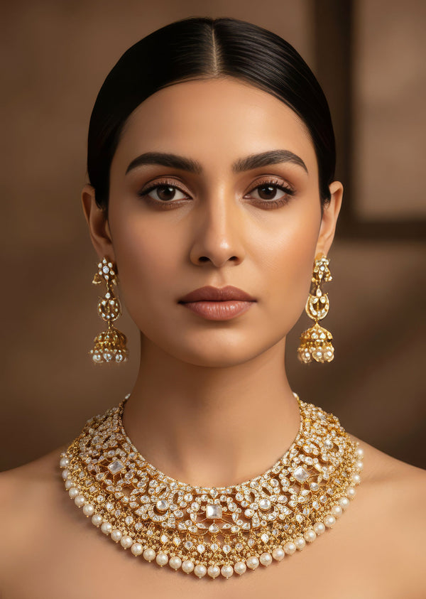 Gold Finish Necklace Set In Kundan Polki
