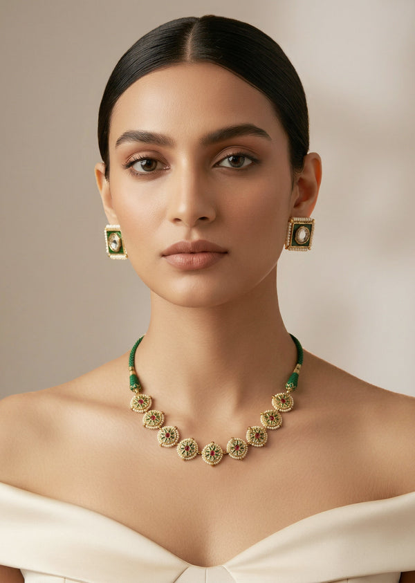 Gold Plated Green And Pink Kundan Polki Choker Necklace Set With 2 Earrings