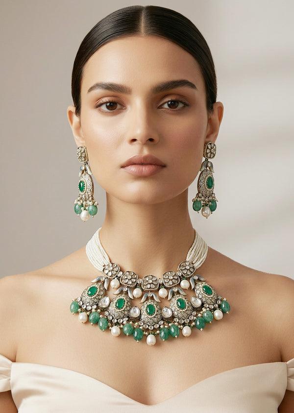 Gold Plated Green Kundan Polki Short Necklace Set With Earrings