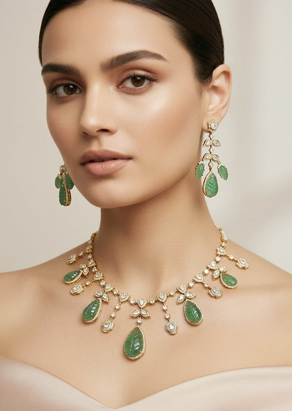Gold Plated Green Synthetic Stone Necklace Set With Earrings
