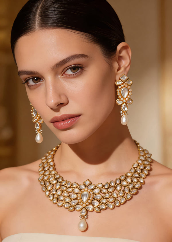 Gold Plated Kundan Polki Necklace Set With Earrings
