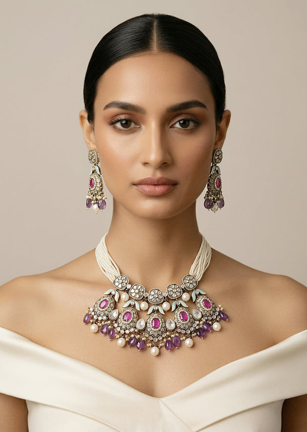 Gold Plated Purple Kundan Polki Short Necklace Set With Earrings