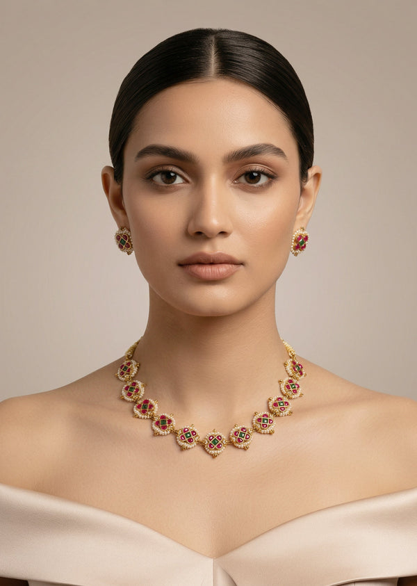 Gold Plated Red And White Kundan Polki Choker Necklace Set With 2 Earrings