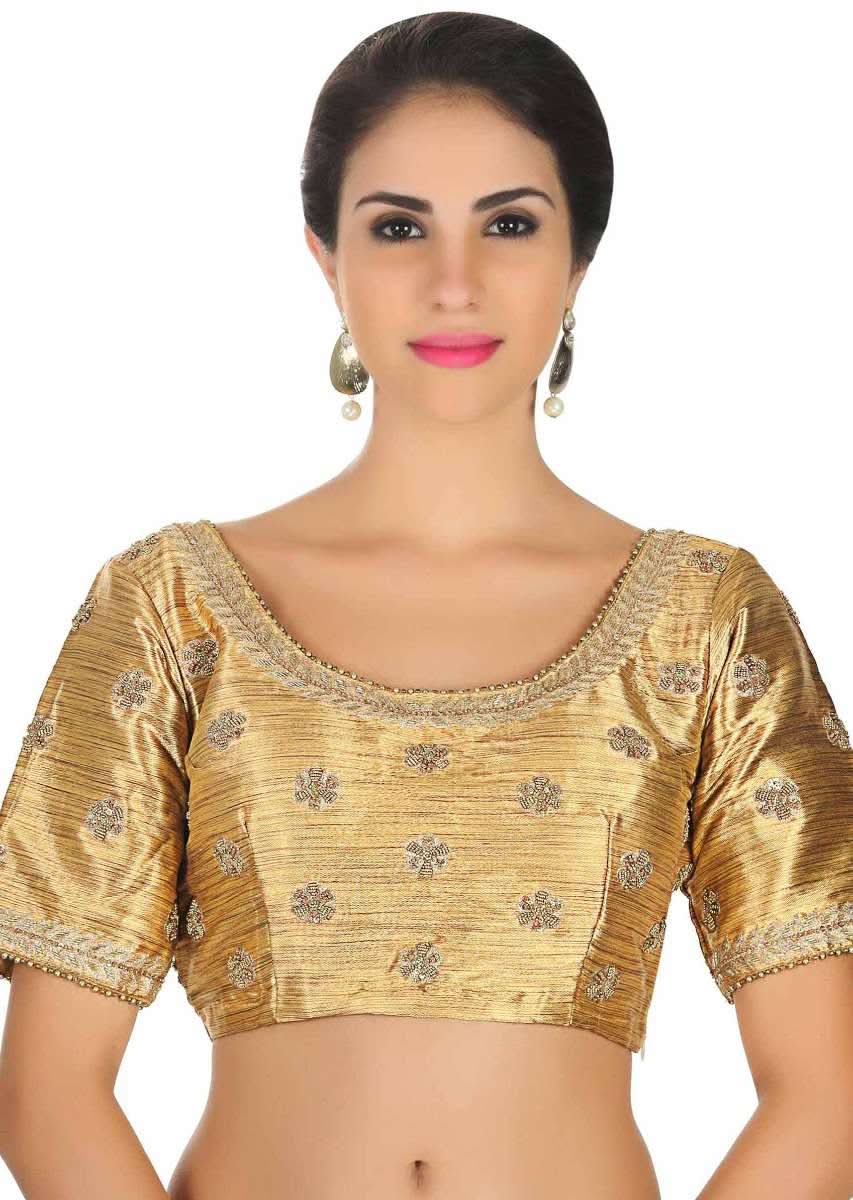 Gold raw silk blouse with moti embroider butti only on Kalki - KALKI Fashion India