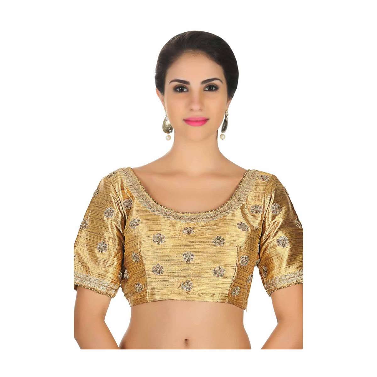 Gold raw silk blouse with moti embroider butti only on Kalki - KALKI Fashion India