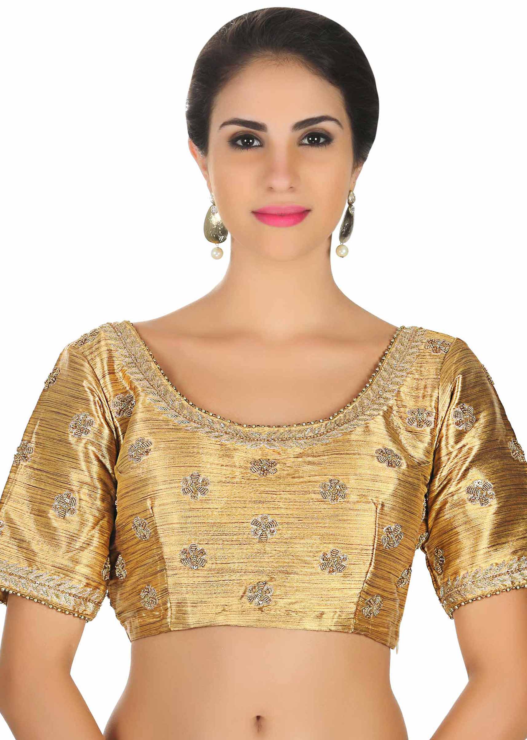 Gold raw silk blouse with moti embroider butti only on Kalki - KALKI Fashion India