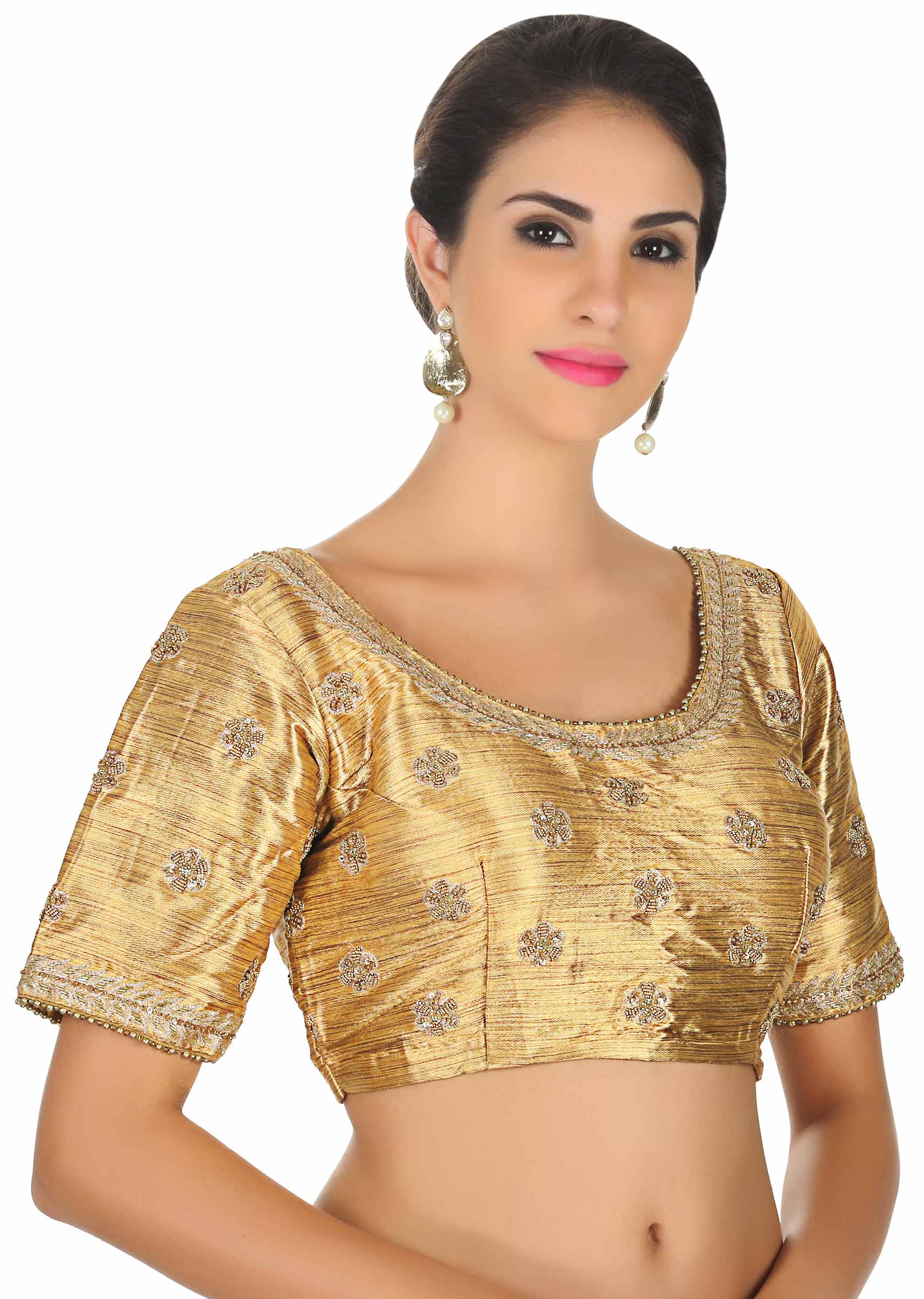 Gold raw silk blouse with moti embroider butti only on Kalki - KALKI Fashion India